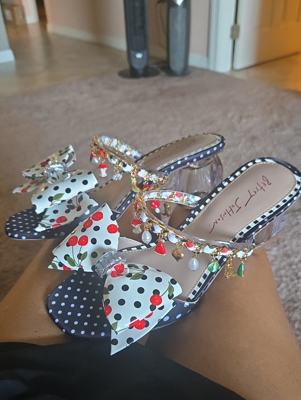 Betsy Johnson Polka Dot Cherry Charm Mules - Polka Dots with Glass Heel 7.5 NWT